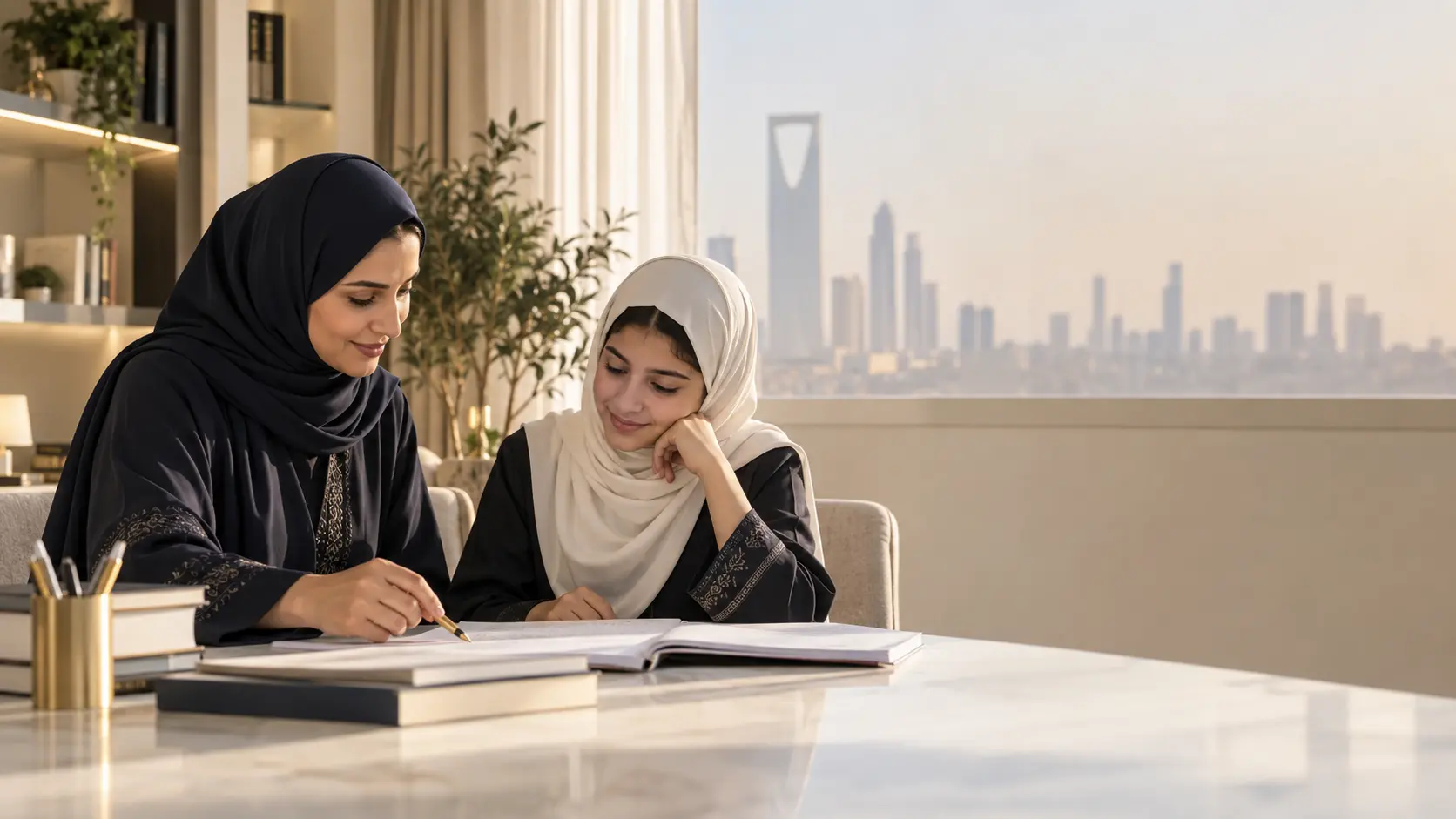 معلمة تراجع مع طالبة استعدادًا للاختبارات